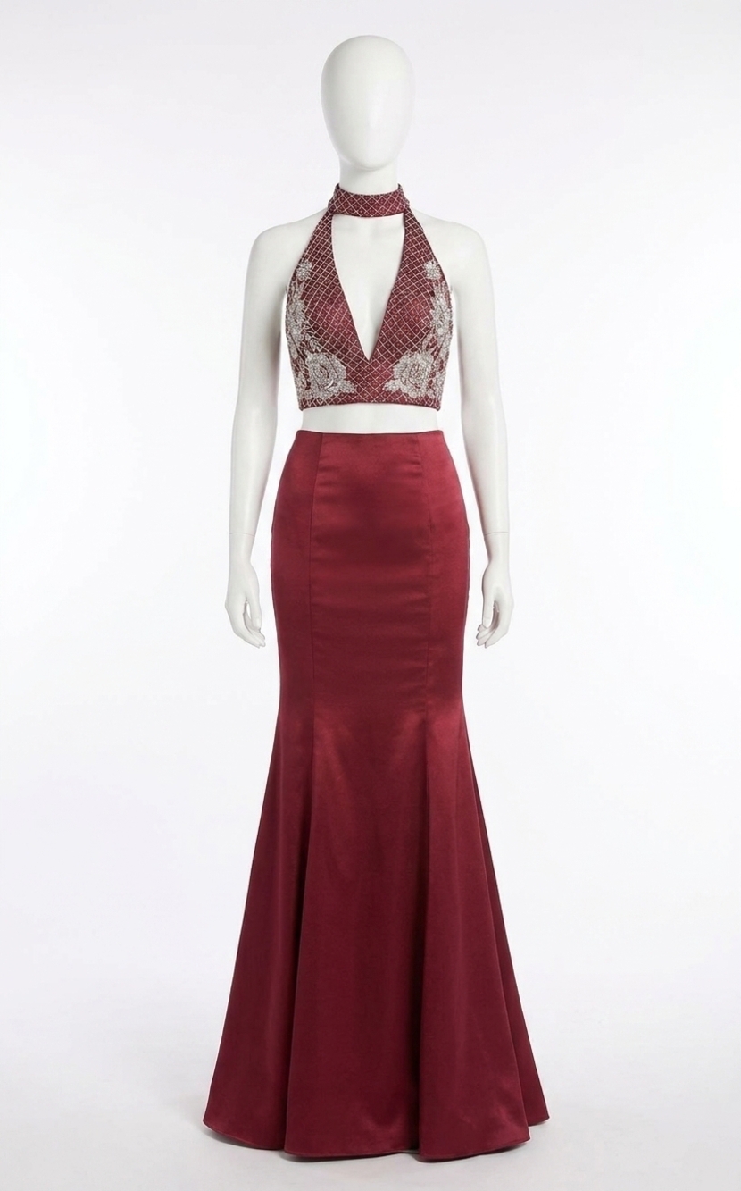 NEW RACHEL ALLAN two piece long halter prom dress in marsala